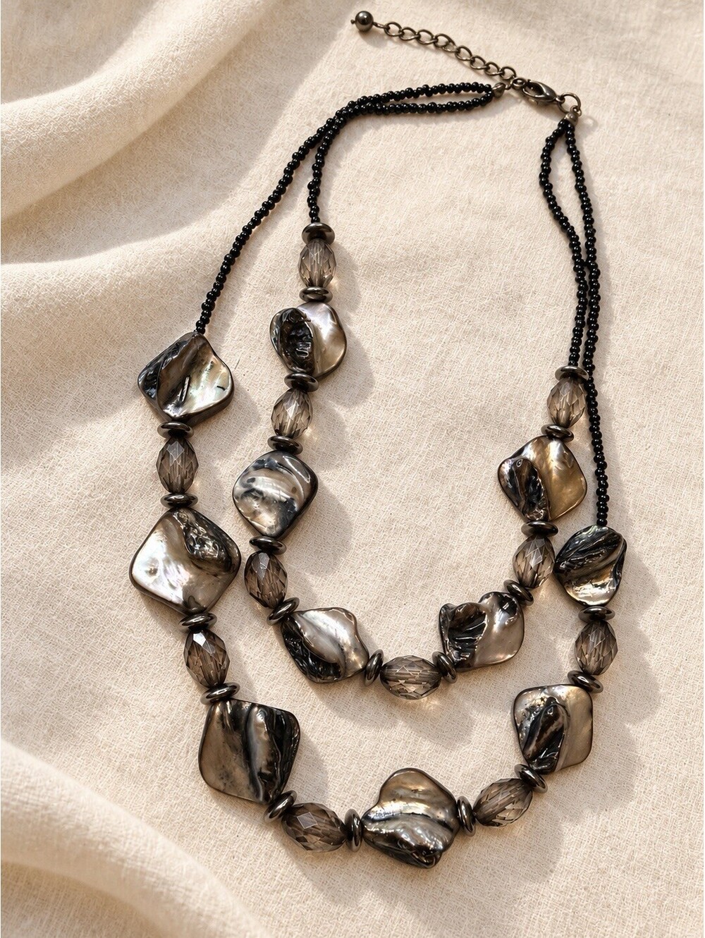 🖤 Two-Strand Black & Gray Statement Necklace with Faceted Beads